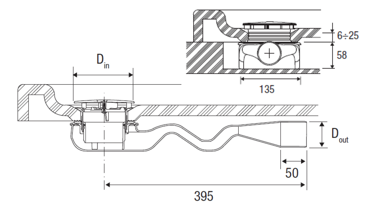 Valsir T-58 -suihkualtaan vesilukko PVC-sovitteella, reikä Ø 90 mm, vaakapoisto 50 mm - tuotteen piirros