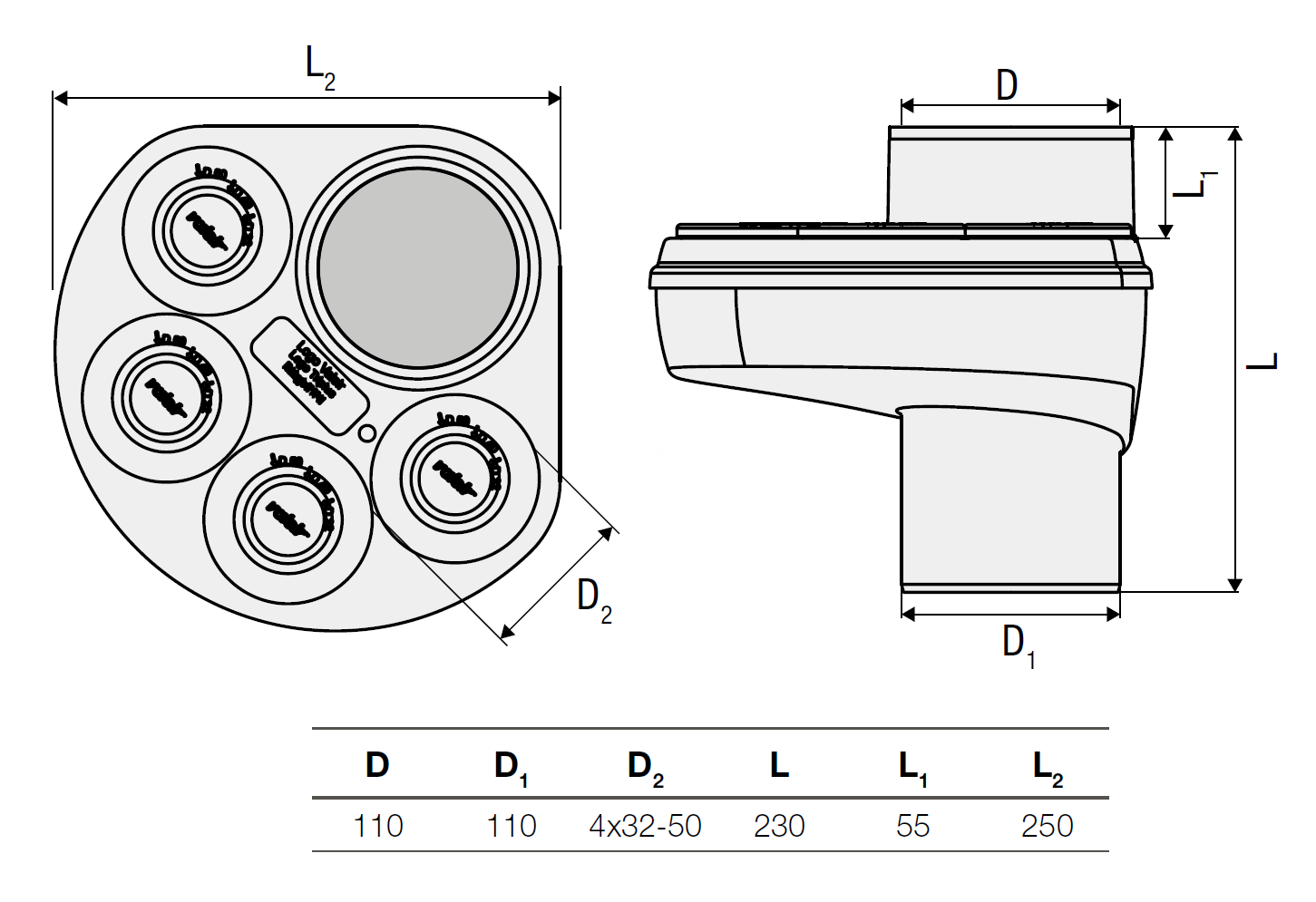 Valsir Triplus -kokoojahaara D110 mm, 4×32-50 mm - tuotteen piirros