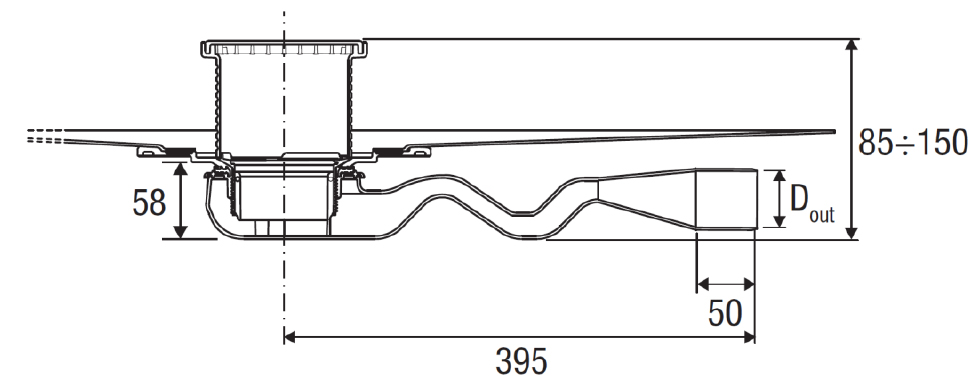 Valsir-matala PP-lattiakaivo, vaakapoisto 50 mm, PVC-kalvo 1800×1800 mm - tuotteen piirros