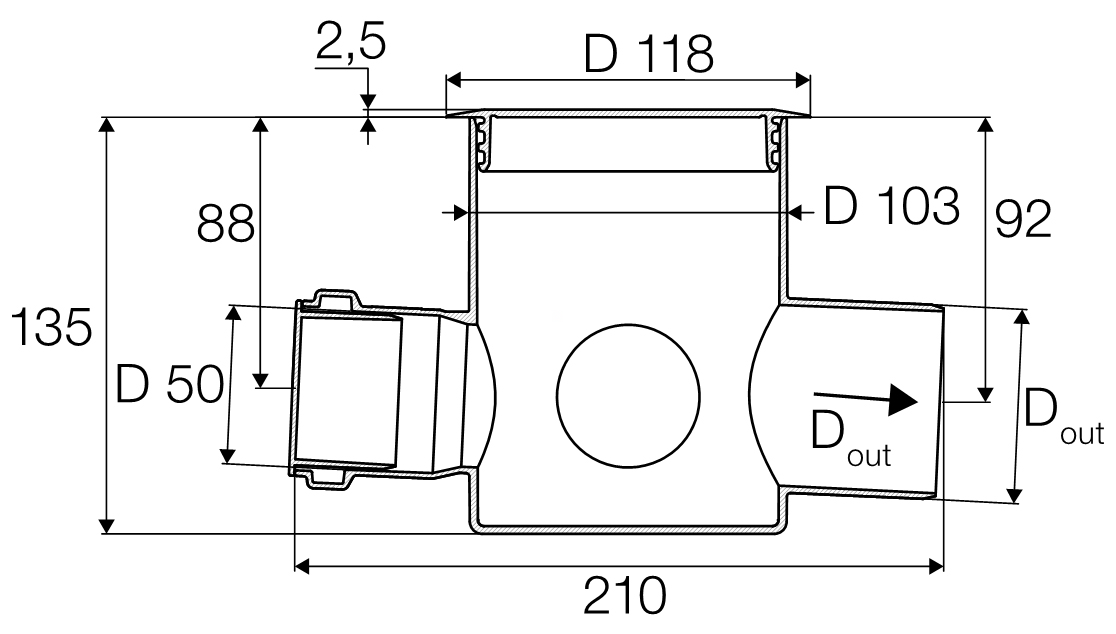Valsir-PP-tarkastuskaivo ABS-umpikannella, vaakapoisto 63 mm, 3×50 mm, Pergamon - tuotteen piirros