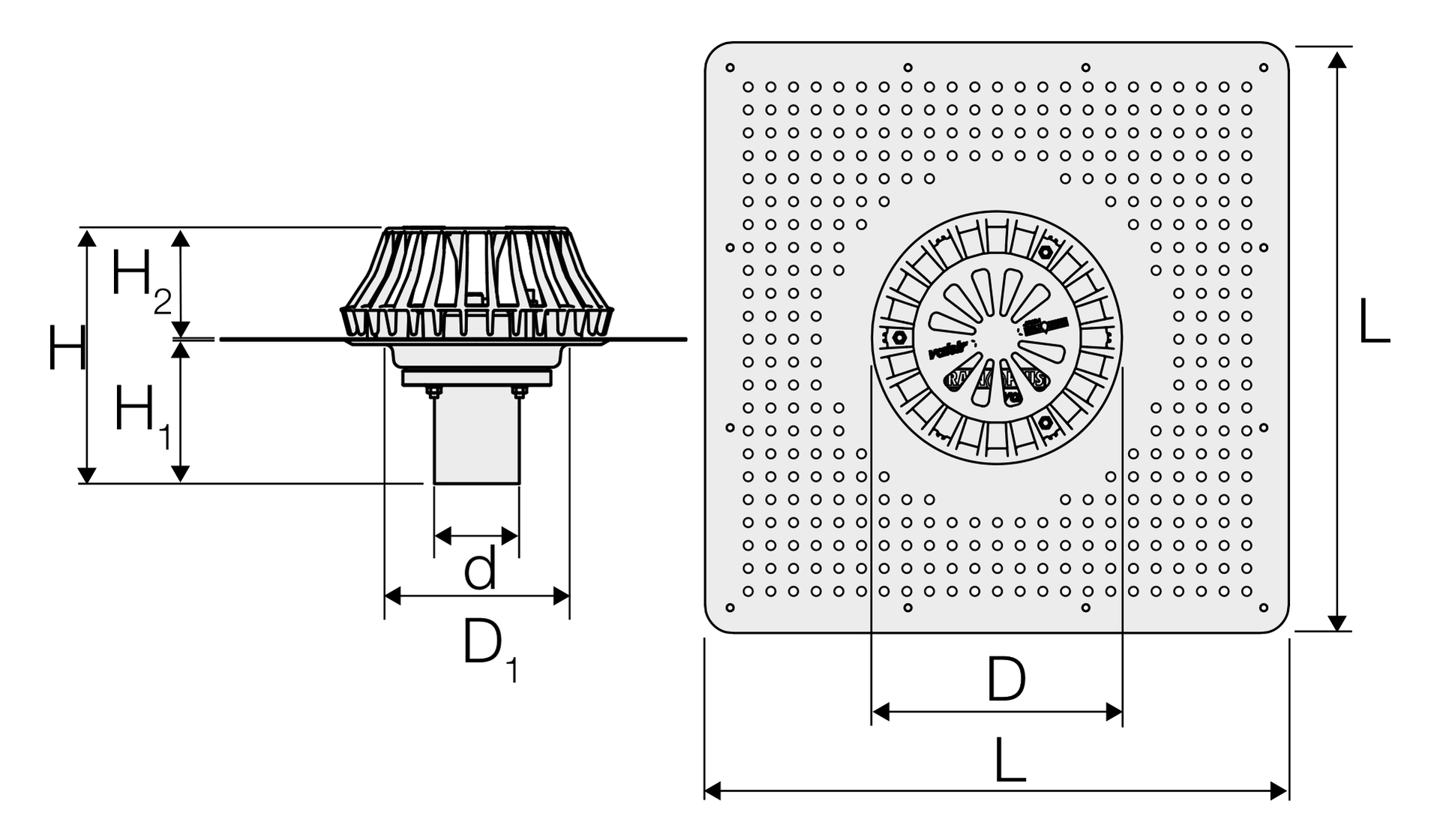 Valsir Rainplus 56-S -kattokaivo 420x420 mm, pystyliitäntä, esirei’itetty levy - tuotteen piirros