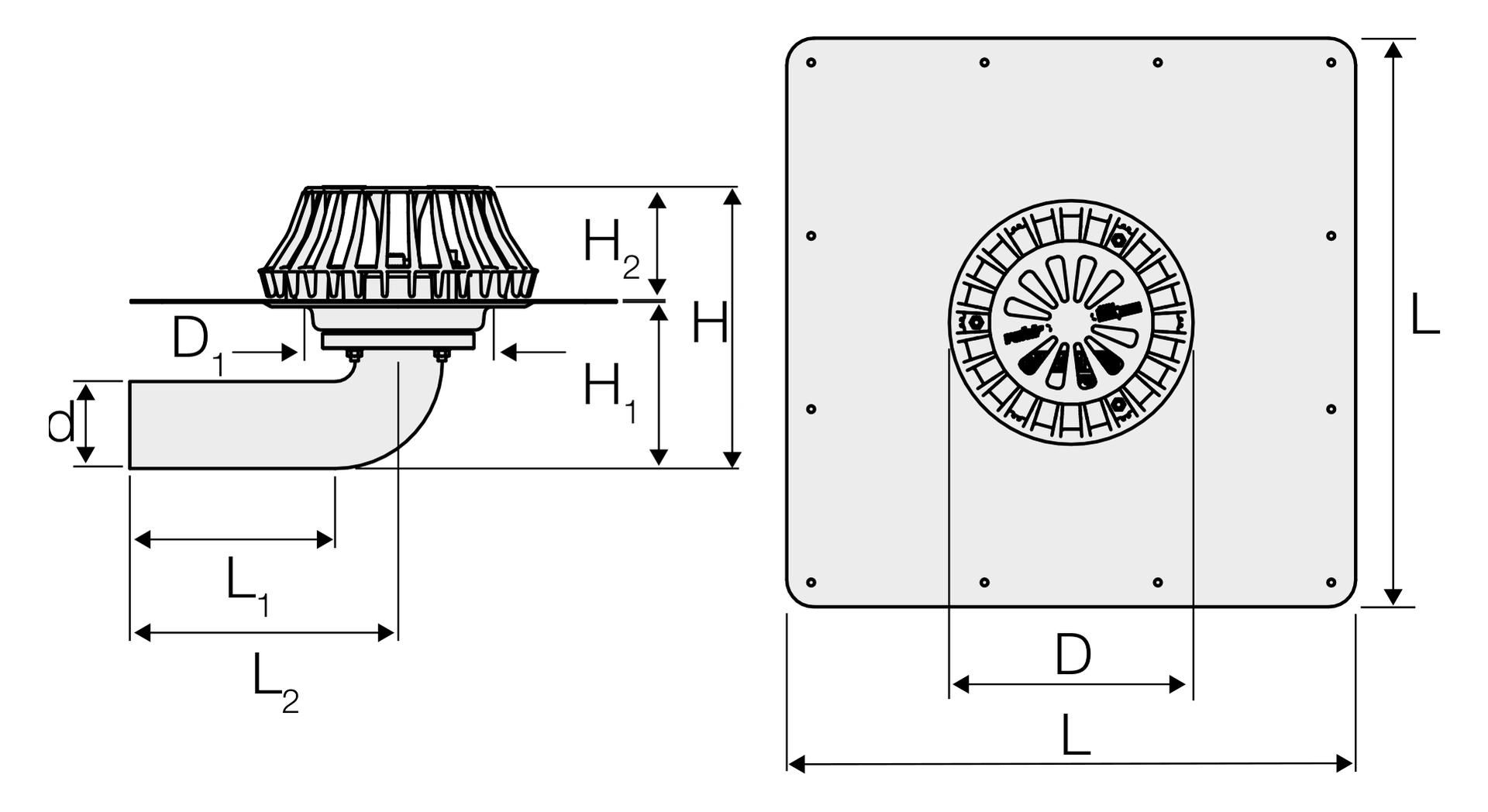 Valsir Rainplus 56-S -kattokaivo 420x420 mm, vaakaliitäntä, vedeneristyskalvolle - tuotteen piirros