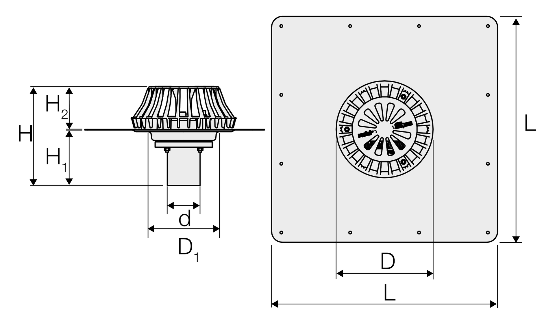 Valsir Rainplus 56-S -kattokaivo 420x420 mm, pystyliitäntä, vedeneristyskalvolle - tuotteen piirros