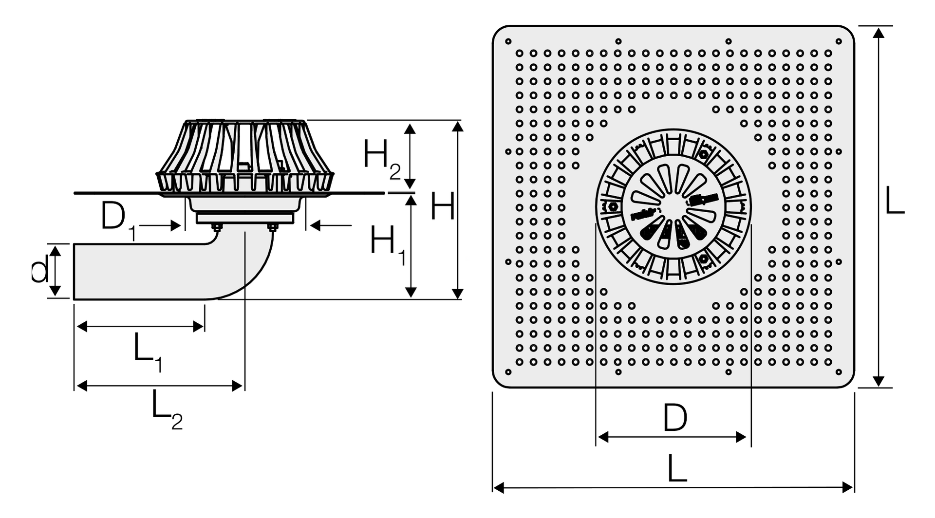 Valsir Rainplus 56-S -kattokaivo 420x420 mm, vaakaliitäntä, esirei’itetty levy - tuotteen piirros