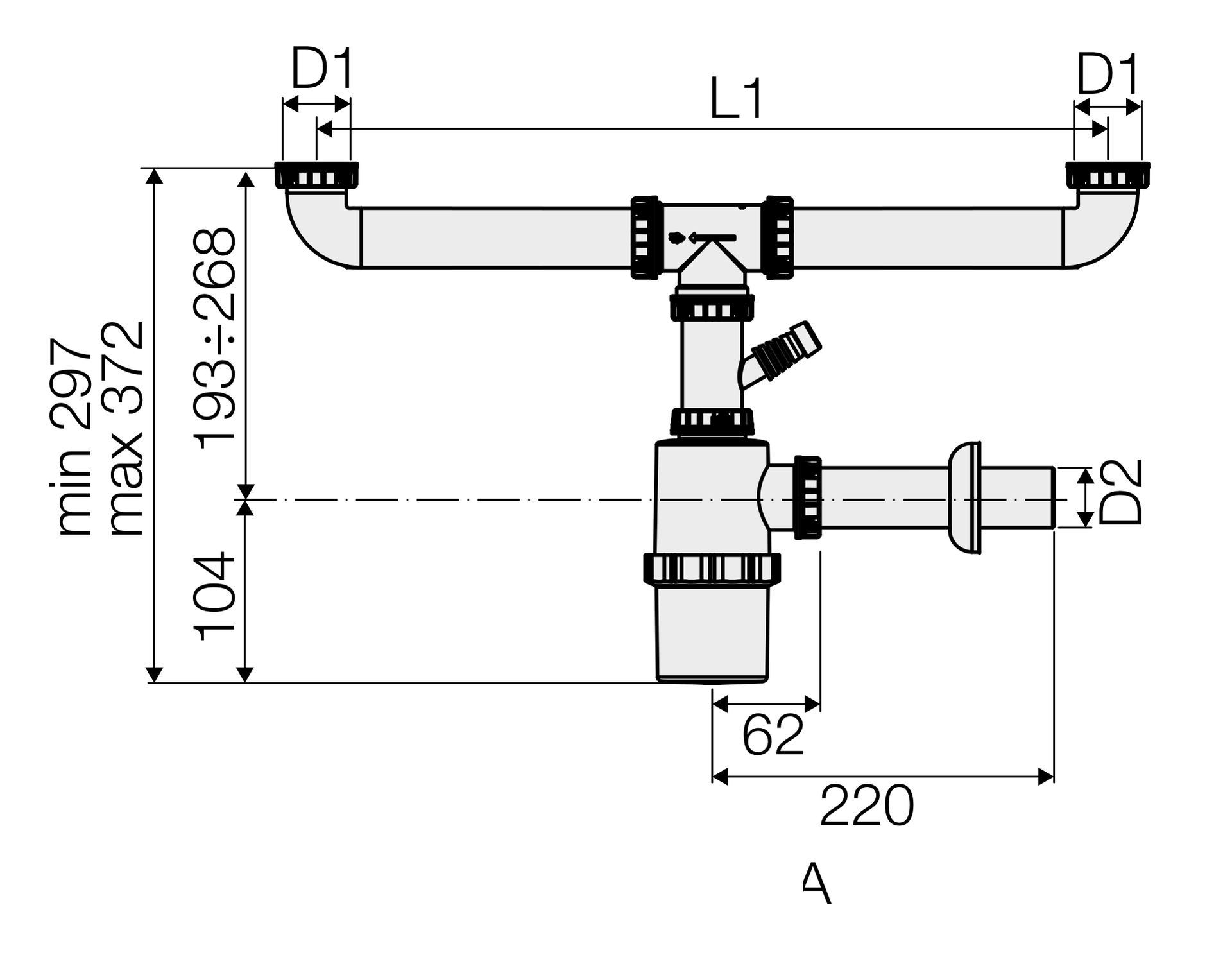 Valsir pullovesilukko kaksialtaiselle pesualtaalle malli A, 1"½ / 40 mm, L1 max 553 mm - tuotteen piirros