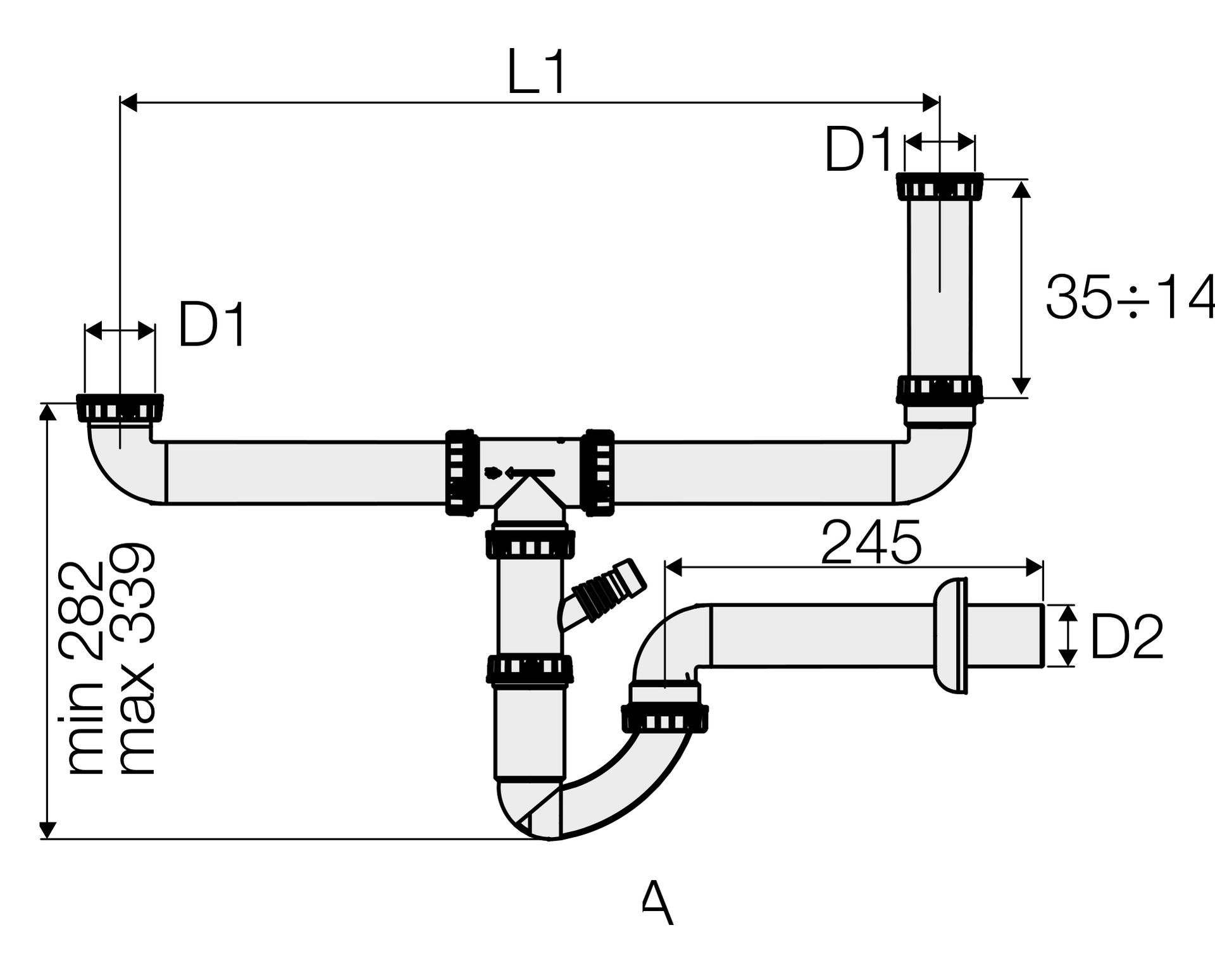 Valsir-vesilukko 1½-altaiseen tiskialtaaseen, itsepuhdistuva, malli B, 1½″/40 mm - tuotteen piirros