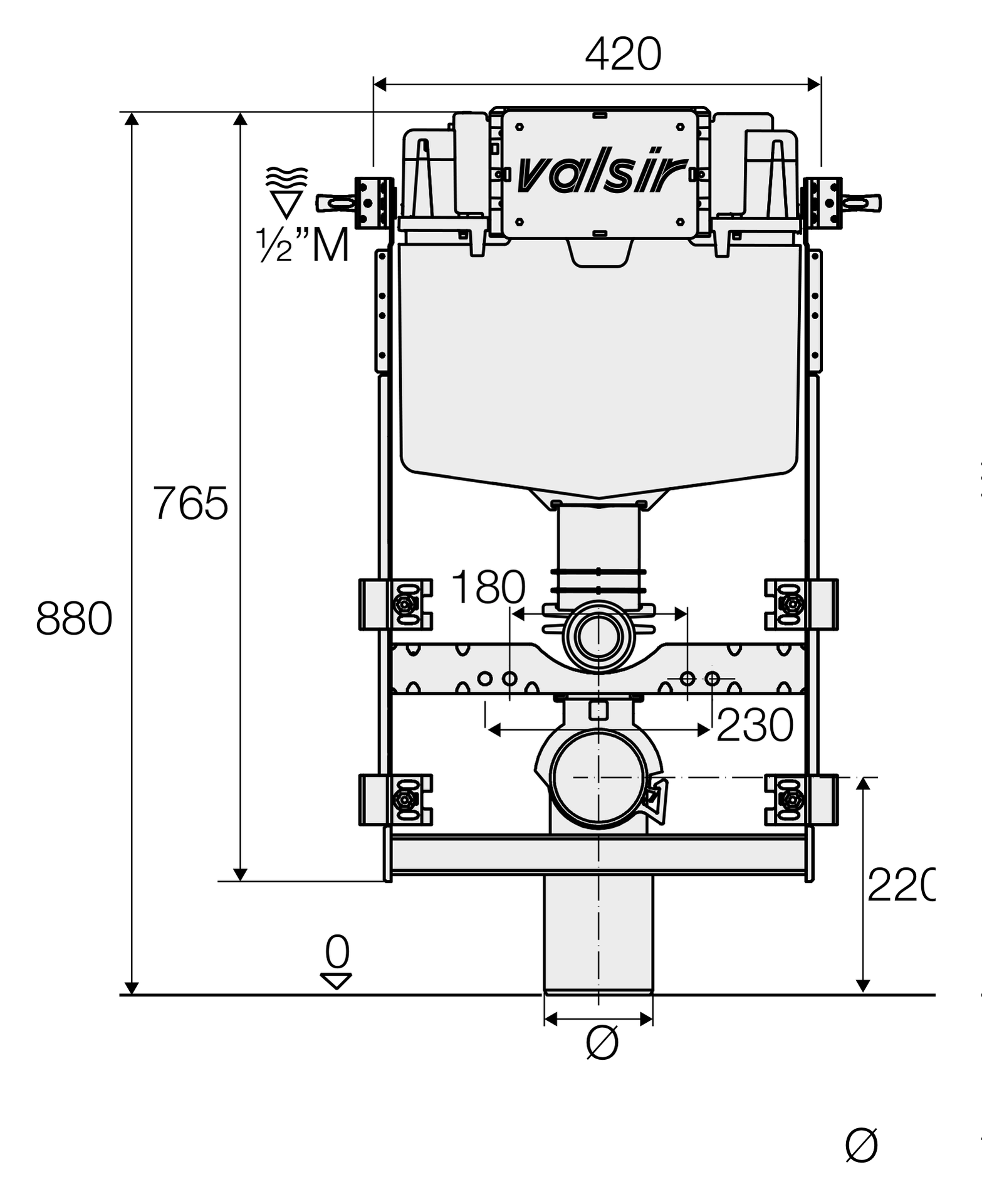 Valsir Winner S MFV/S1 H880 -asennusmoduuli mekaaninen, 135x420x880, Ø 90 - tuotteen piirros