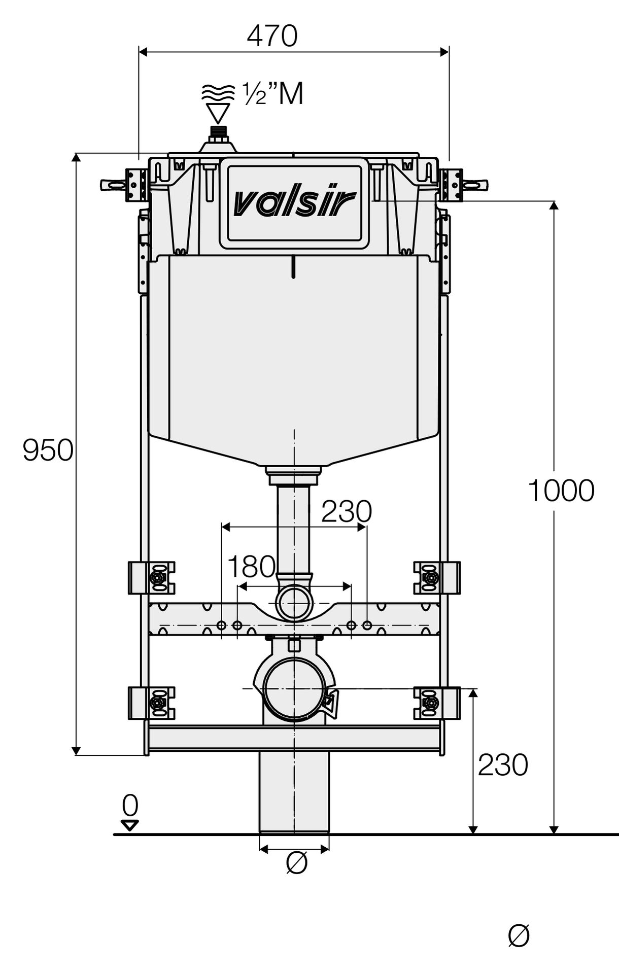 Valsir Tropea S MFV/S1 -asennusmoduuli mekaaninen, 90x470x1070 mm, Ø 90/110 mm - tuotteen piirros