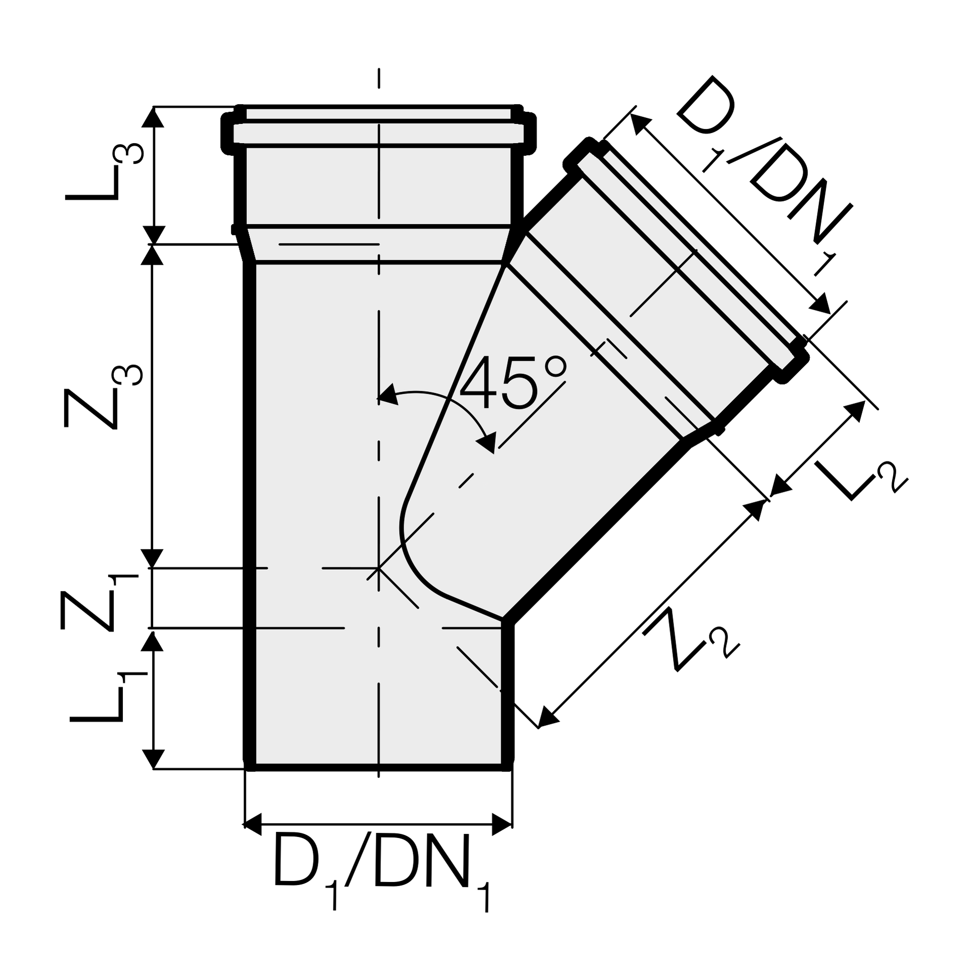 Valsir PPEcoforte HTEA-haarayhde 45° 160 mm - tuotteen piirros