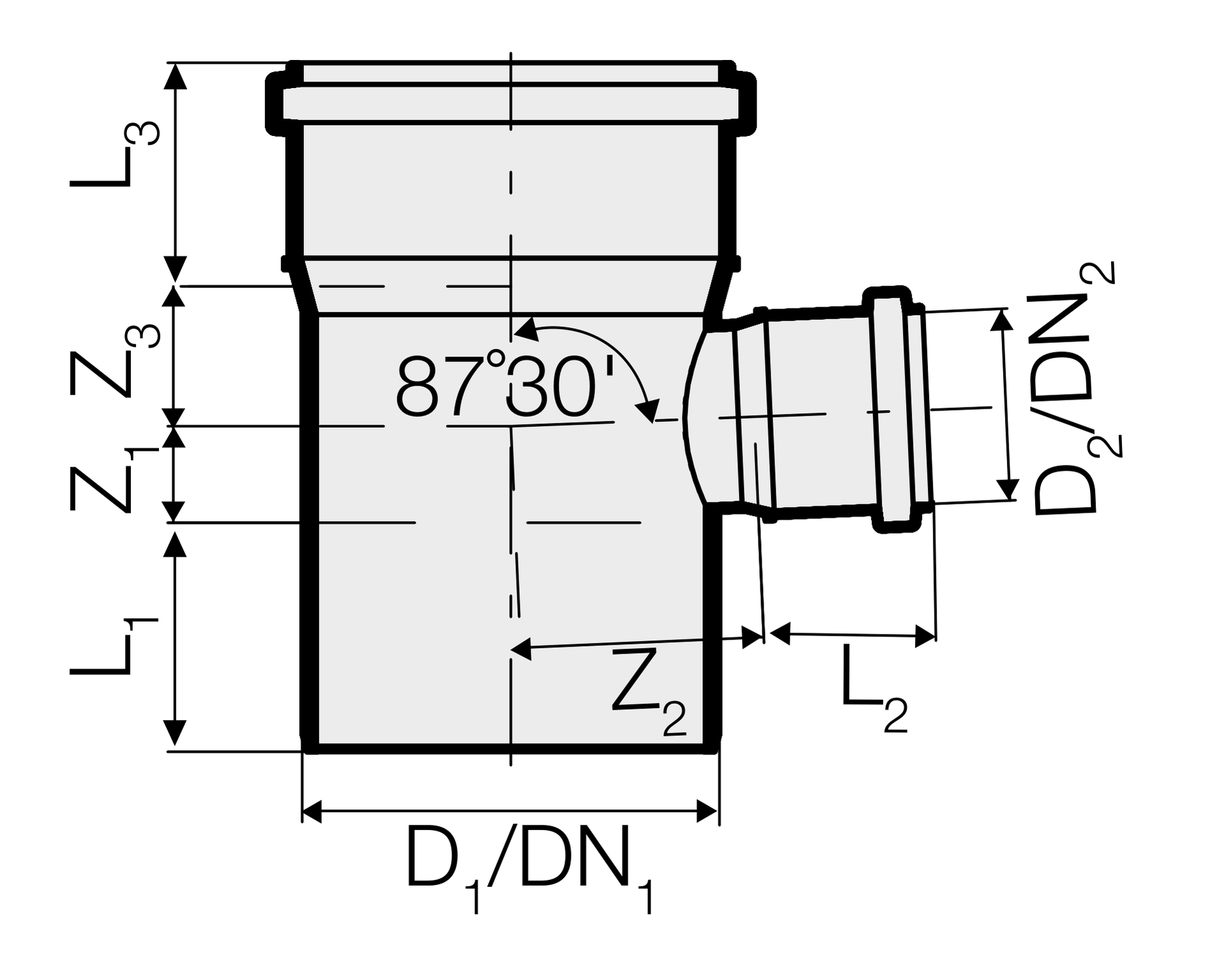 Valsir PPEcoforte HTEA-supistushaara 87,5° 500/160 mm - tuotteen piirros